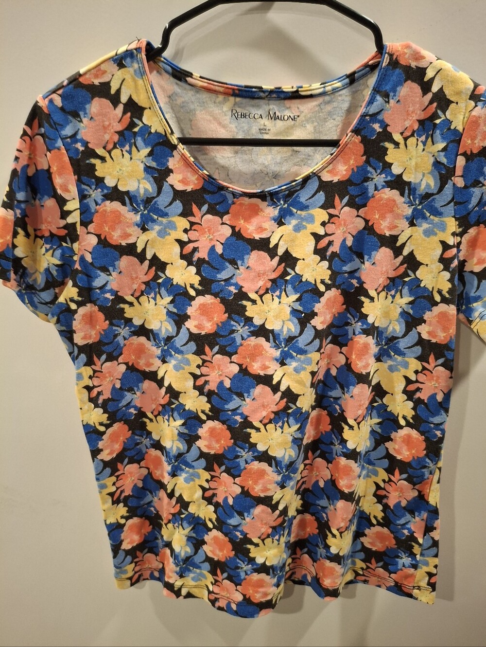 Rebecca Malone Black Floral Scoop Neck Tee with Coral, Yellow & Blue Blooms
